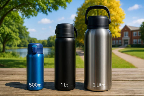 Three Zojirushi stainless steel bottles in 500ml, 1 litre, and 2 litre sizes placed outdoors on a wooden table with a bright natural background showing different real-life use scenarios.