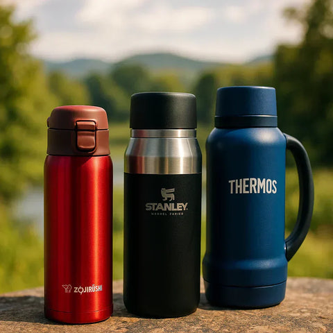 Zojirushi, Stanley, and Thermos bottles side by side outdoors – comparison of premium vacuum flasks in natural light
