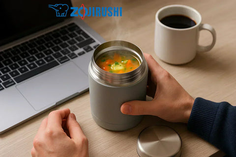 Office lunch with hot soup in a stainless steel food flask