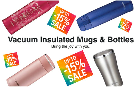 Vacuum insulated mugs and bottles with sale labels on a white background