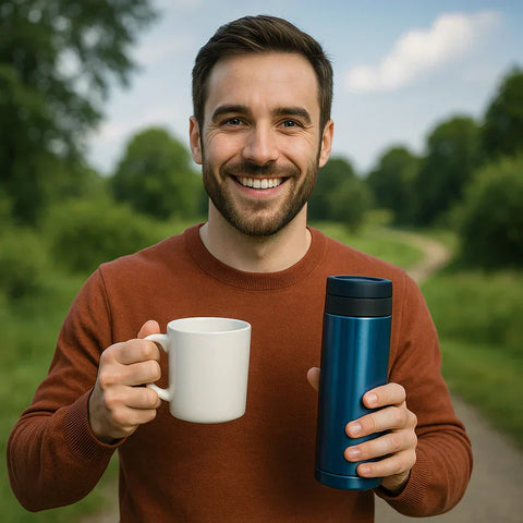 A smiling man outdoors holding a white ceramic mug and a blue stainless steel travel mug, symbolising the comparison between ceramic and vacuum-insulated coffee mugs on a bright sunny morning.