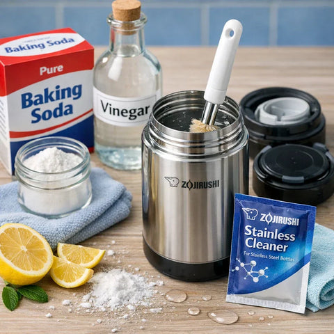 Zojirushi stainless steel food flask being cleaned with baking soda and warm water