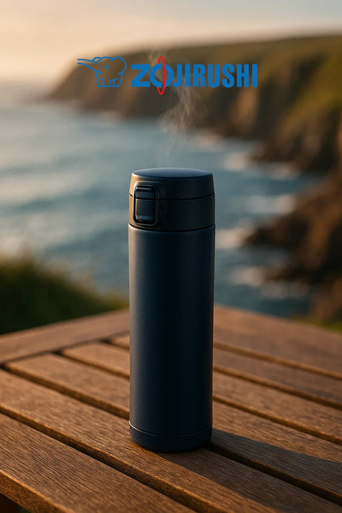 Navy Zojirushi SM-KHE travel mug steaming on a wooden table with an Irish coastal backdrop, leak-proof one-touch lid