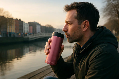 Man drinking hot coffee from a pink Zojirushi thermal mug by the river in Dublin, Ireland, eco-friendly travel mug coffee cup outdoors