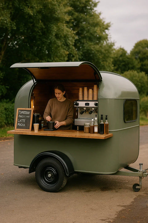 Mobile coffee van near Dublin serving espresso, latte and mocha, barista preparing fresh coffee outdoors in Ireland