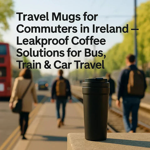 Leakproof travel mug on a commuter platform in Ireland with people walking, buses and trains in the background.