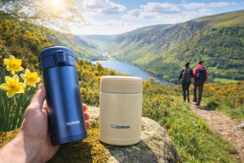 Zojirushi travel mug and thermal food jar on a sunny spring walk in Glendalough, Ireland, overlooking Wicklow Mountains