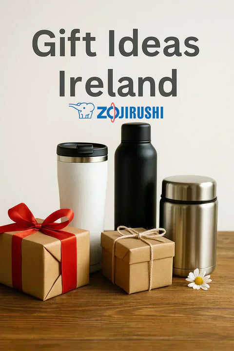 Gift Ideas Ireland – Zojirushi stainless steel travel mug, bottle, and food jar with gift boxes on a wooden table.