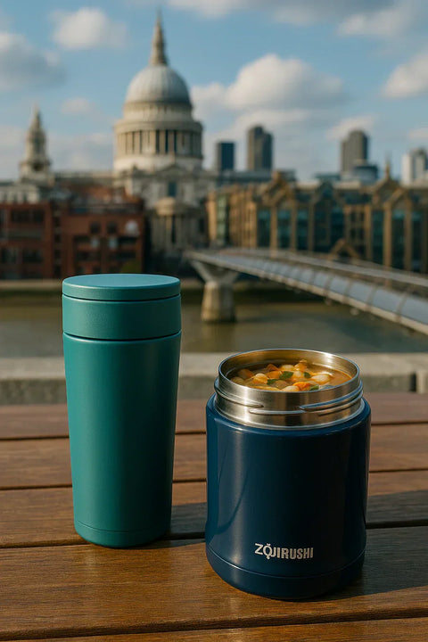 Zojirushi food jar with hot soup and travel mug on a table in London with St. Paul’s Cathedral in the background