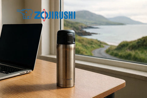 Stainless steel Zojirushi travel mug on a wooden office desk beside a laptop, with the Donegal coast and rolling green hills visible through the window — symbolising comfort from office to outdoors.