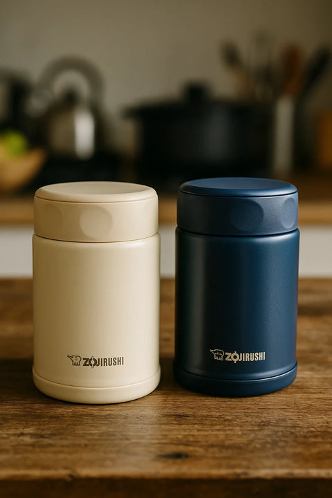 beige and blue zojirushi food  thermo flasks