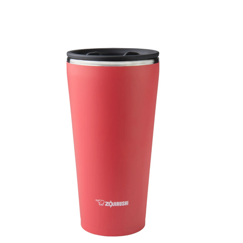 Red tumbler zojirushi with black lid on a white background, featuring Zojirushi logo.