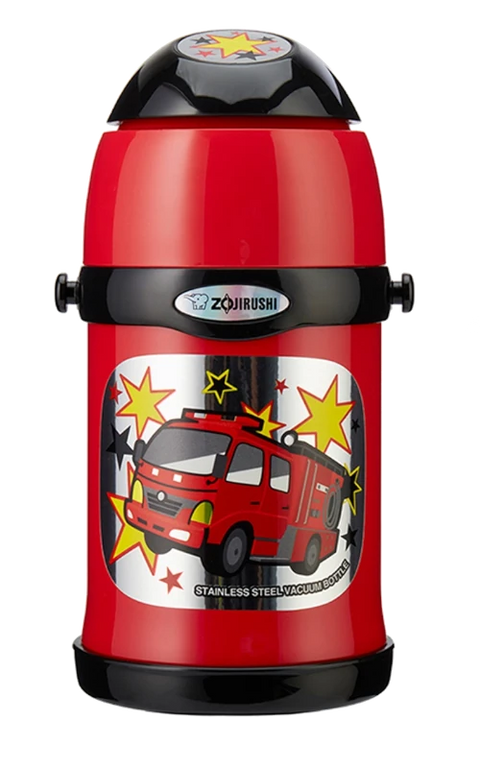 Red thermos with a fire truck for children design and Zojirushi branding on a white background