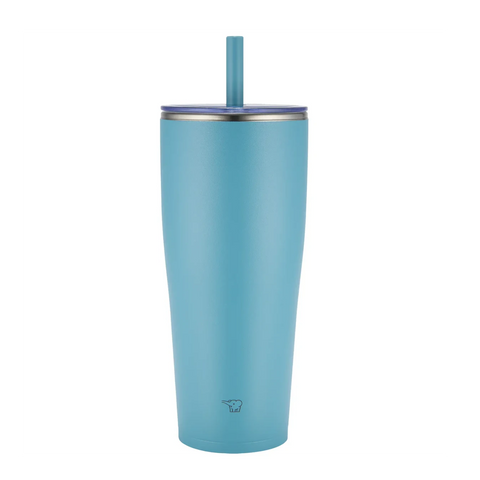 zojirushi Blue tumbler with a straw on a white background