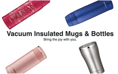 Zojirushi vacuum insulated mugs and bottles in red, blue, pink, and silver colours with promotional banner text