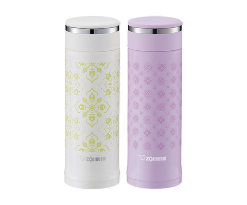 Zojirushi vacuum insulated mugs with floral patterns in white and purple colours, stainless steel thermal design
