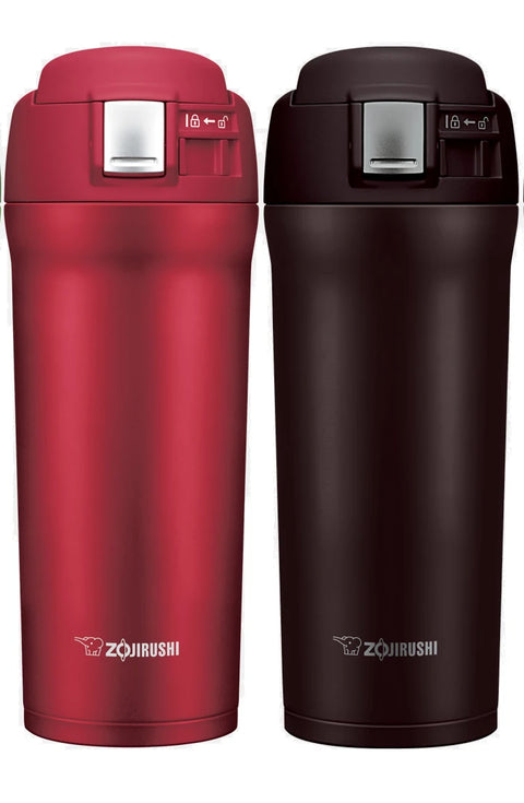 Zojirushi travel mugs SM-YAF48 in red and brown with vacuum insulation and flip-top lids