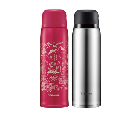 Zojirushi vacuum insulated bottles, one in red with camping design and one in stainless steel, durable thermal flasks for hot and cold drinks