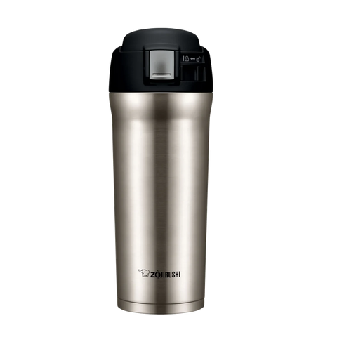 zojirushi Stainless steel tumbler with black lid on a white background